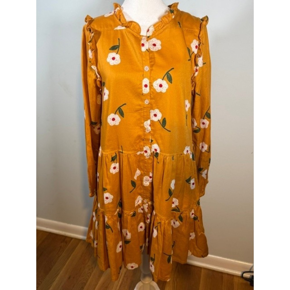 Pink Chicken NY Kalani Dress Size S Mustard Floral Ruffle Tiered Button Front
